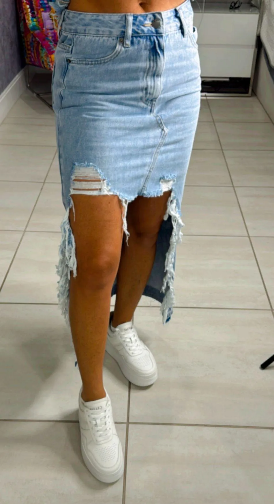 1355 Distress maxi denim skirt