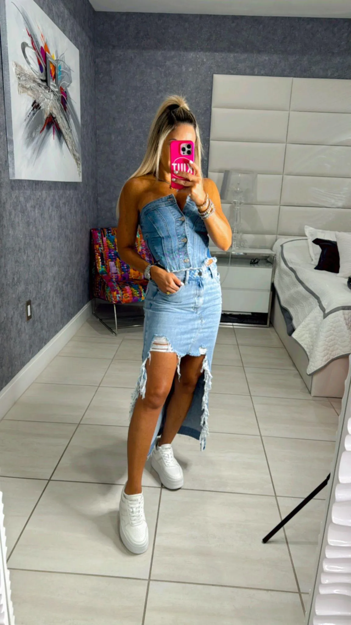 1355 Distress maxi denim skirt