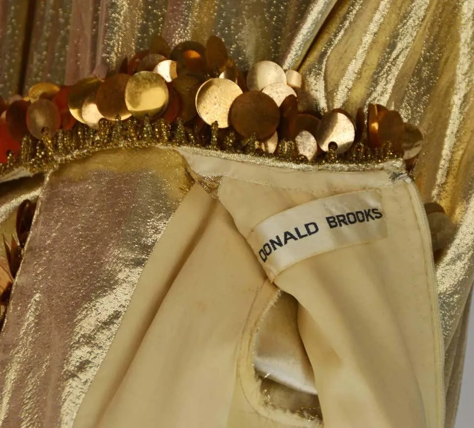 1960s Donald Brooks Gold Metallic Evening Dress with Sequin and Beaded Trim