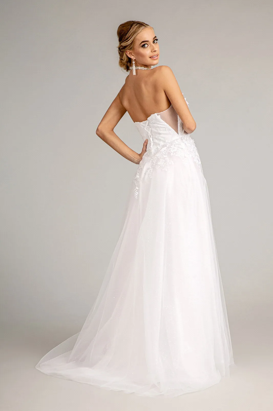 3-D Flower Embellished Mesh Wedding Gown Rhinestone and Glitter Embellished GLGL3010