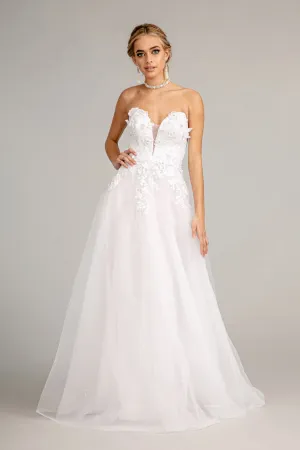 3-D Flower Embellished Mesh Wedding Gown Rhinestone and Glitter Embellished GLGL3010