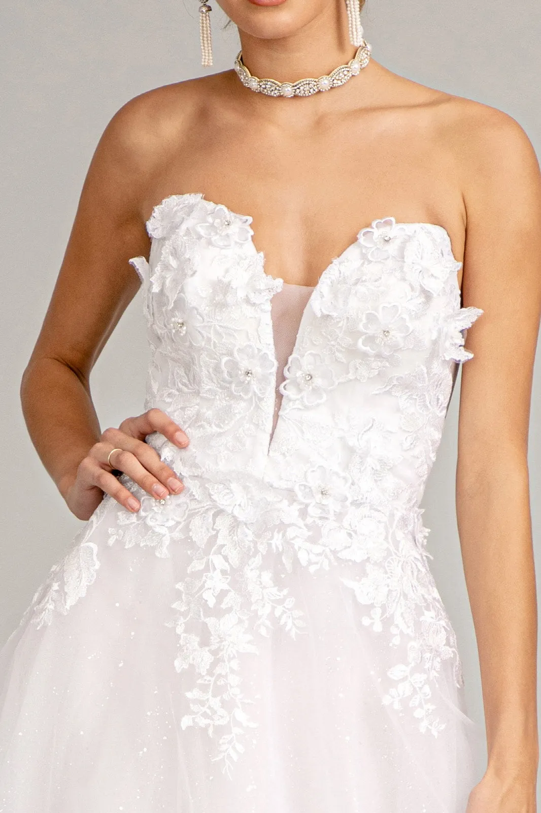 3-D Flower Embellished Mesh Wedding Gown Rhinestone and Glitter Embellished GLGL3010