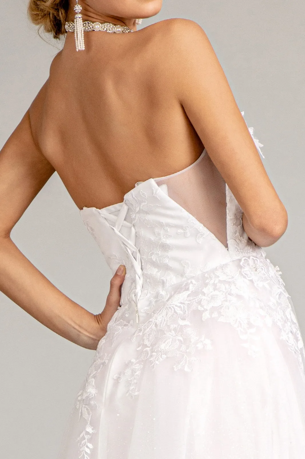 3-D Flower Embellished Mesh Wedding Gown Rhinestone and Glitter Embellished GLGL3010