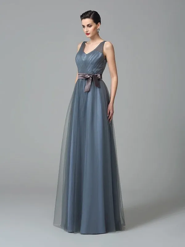 A-Line/Princess Straps Sash/Ribbon/Belt Sleeveless Long Net Bridesmaid Dresses