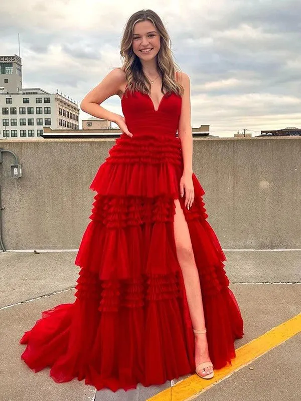 A-Line/Princess Tulle Ruffles V-neck Sleeveless Sweep/Brush Train Dresses