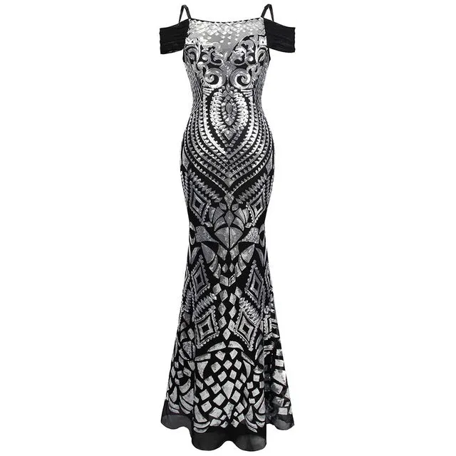 Angel-Fashions Vintage Gatsby Party Sequin Mermaid Long Evening Dress