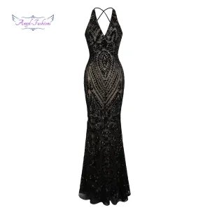Angel-Fashions Vintage Gatsby Party Sequin Mermaid Long Evening Dress