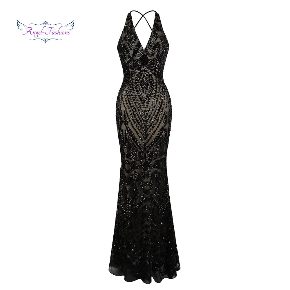 Angel-Fashions Vintage Gatsby Party Sequin Mermaid Long Evening Dress