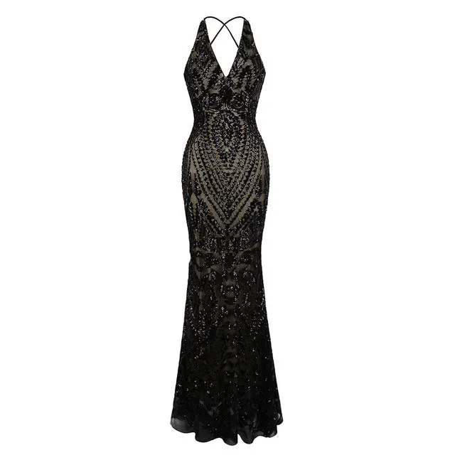 Angel-Fashions Vintage Gatsby Party Sequin Mermaid Long Evening Dress