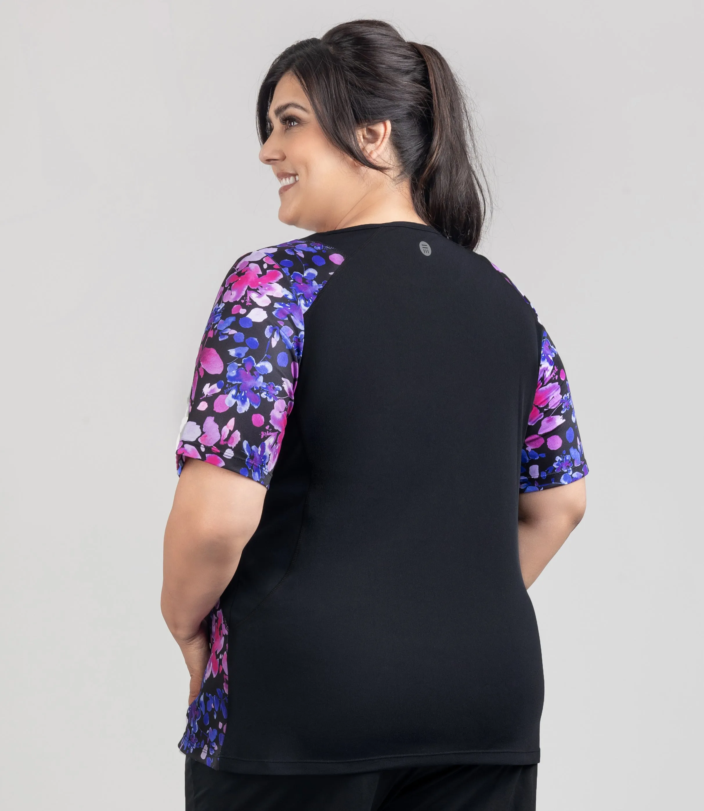 AquaSport Color Block Swim Tee Floral Elegance Print Black