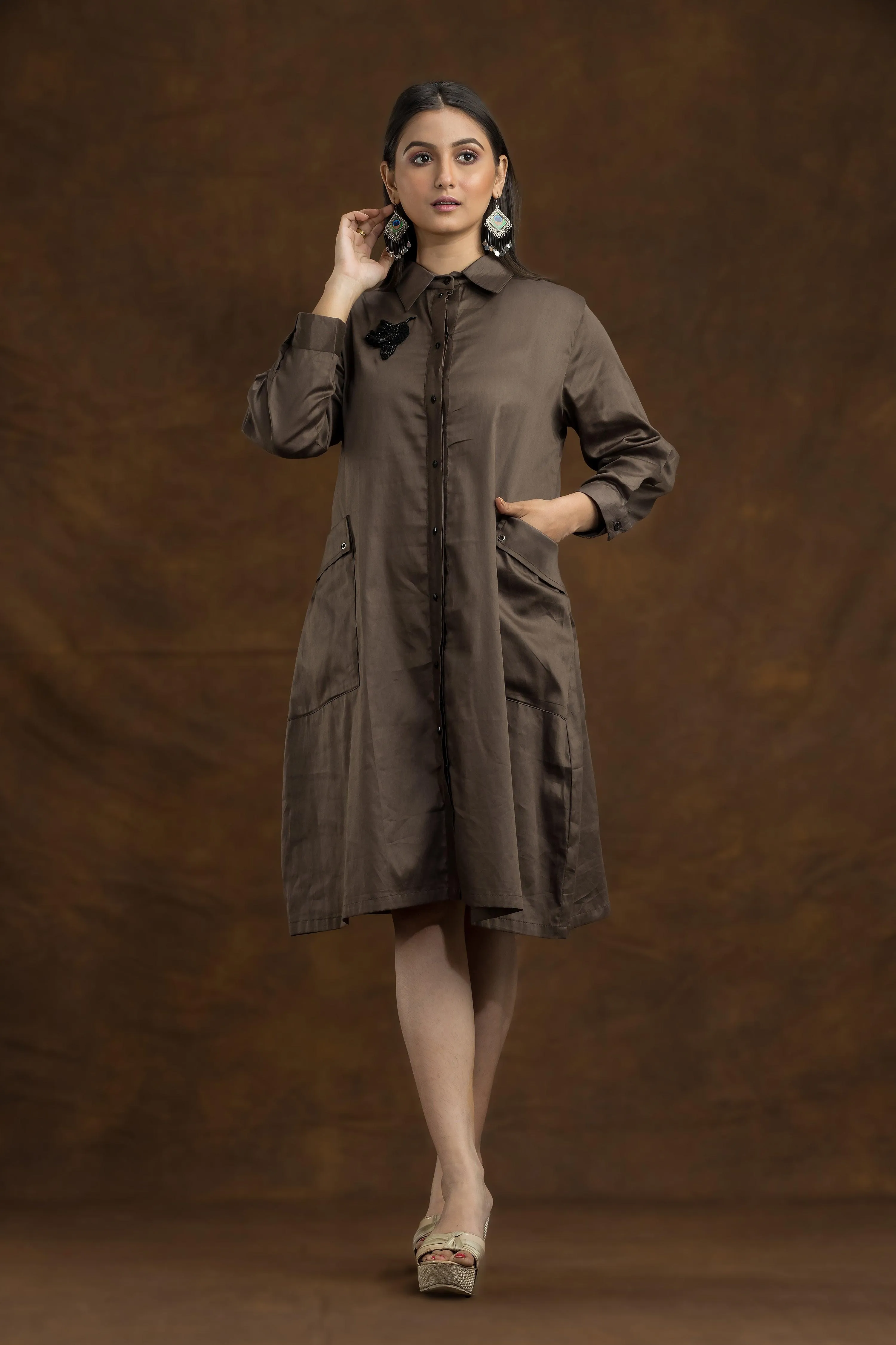 Ash Brown A Line Embroidered Shirt Dress