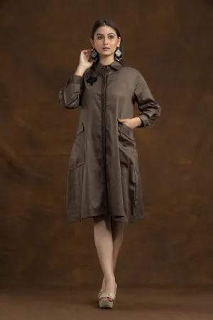 Ash Brown A Line Embroidered Shirt Dress