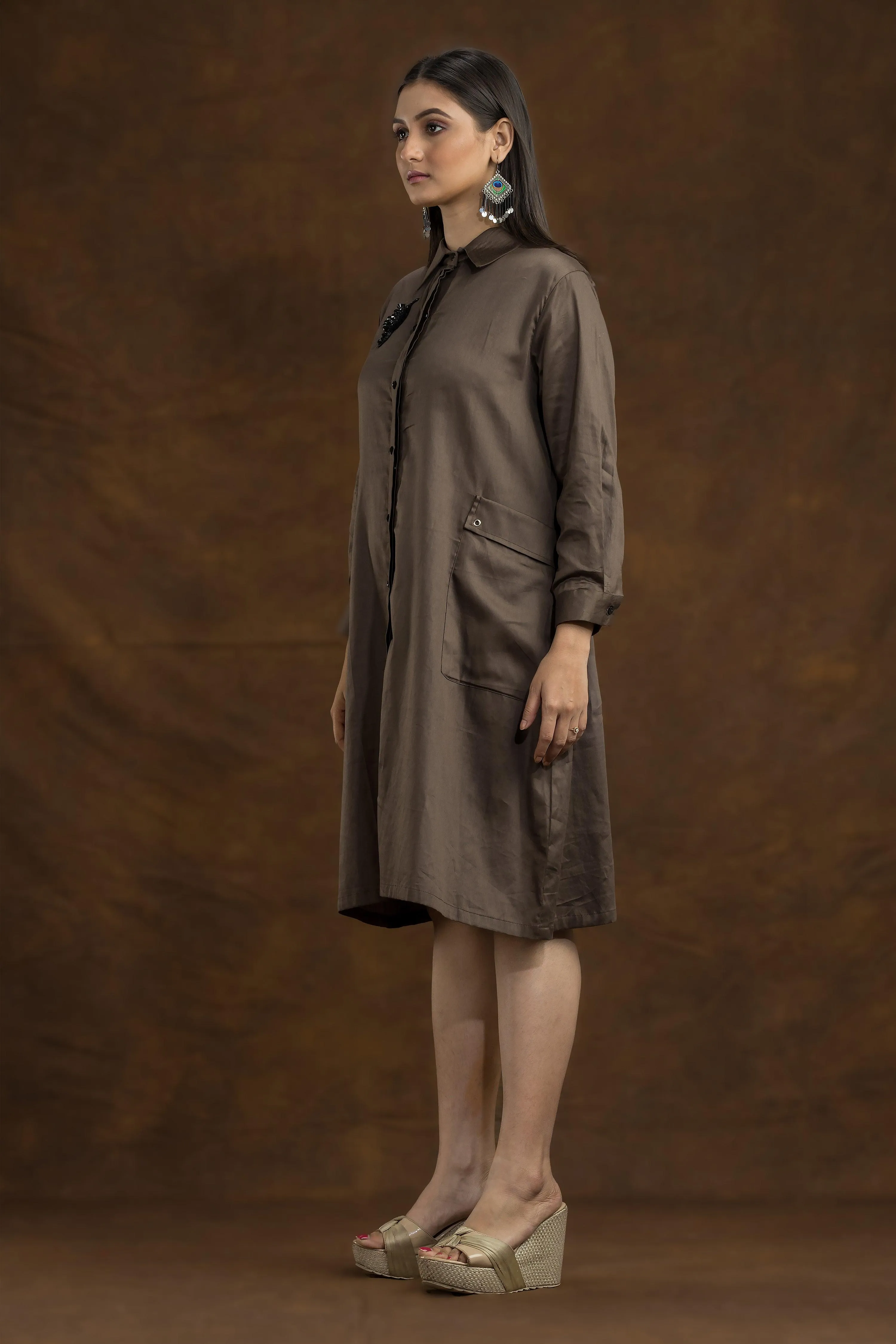 Ash Brown A Line Embroidered Shirt Dress