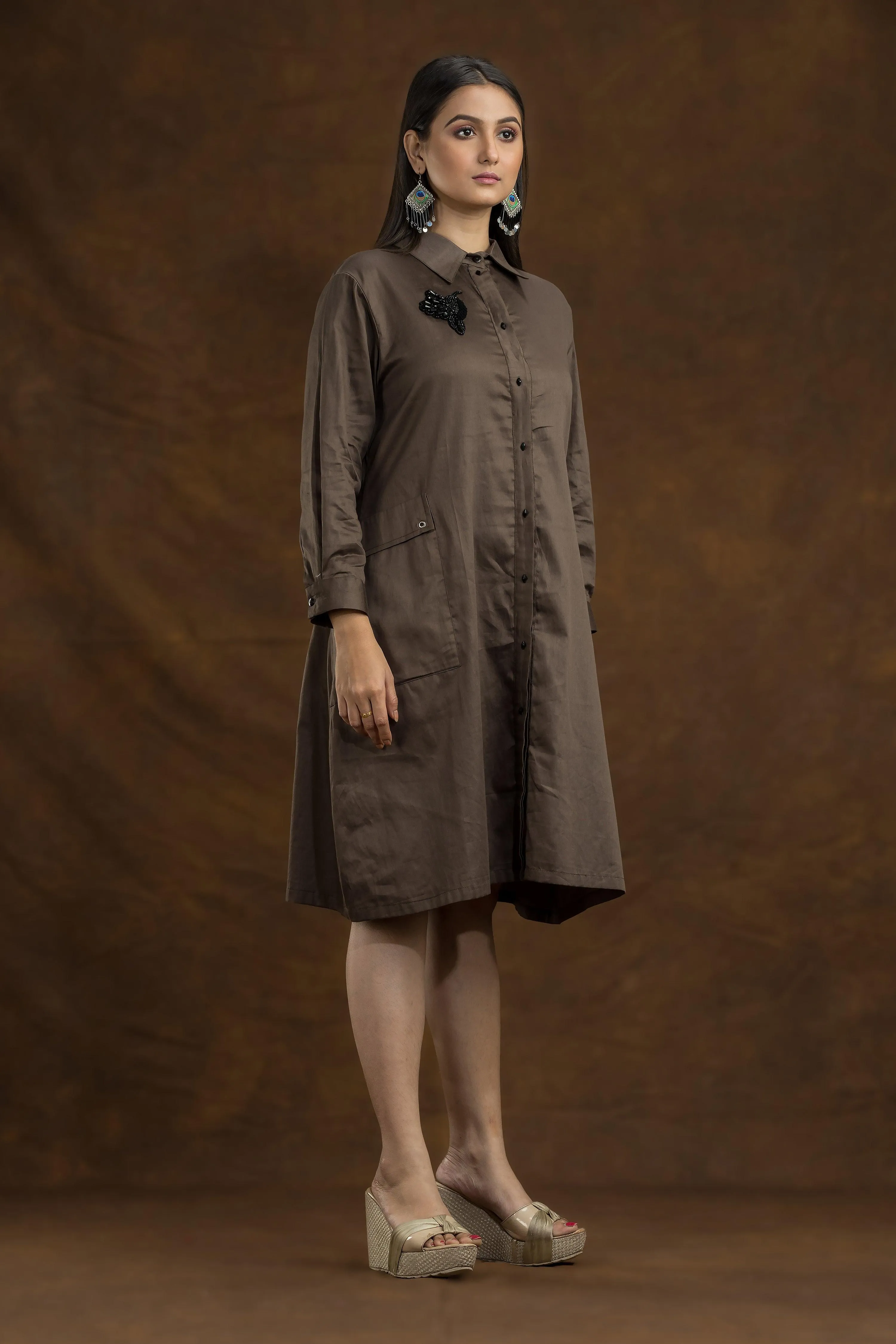 Ash Brown A Line Embroidered Shirt Dress