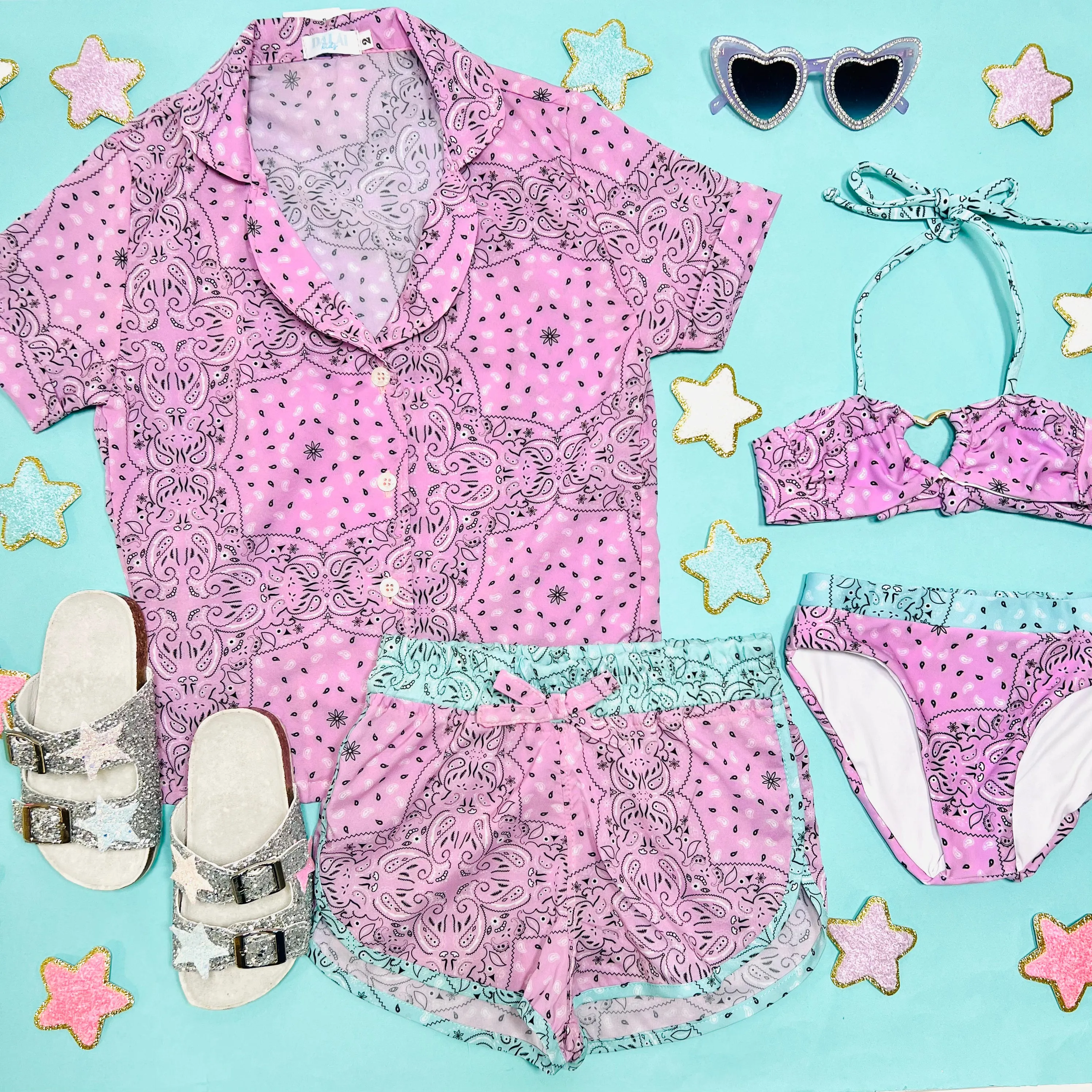 BANDANA BUTTON DOWN TOP AND SHORTS SET/ COVERUP