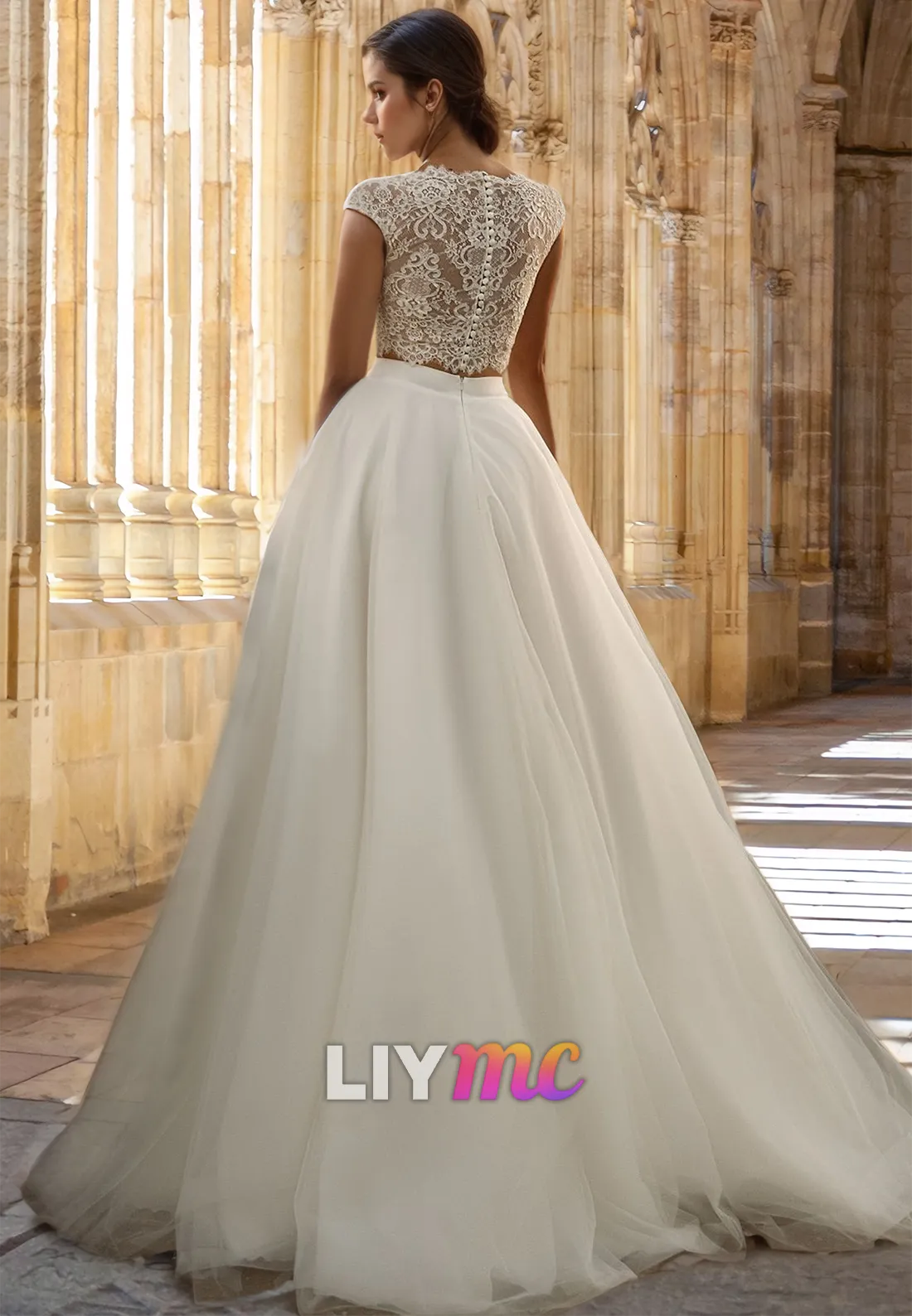 Bateau Cap Sleeves Lace Appliques A-Line Ball Gown Wedding Dress
