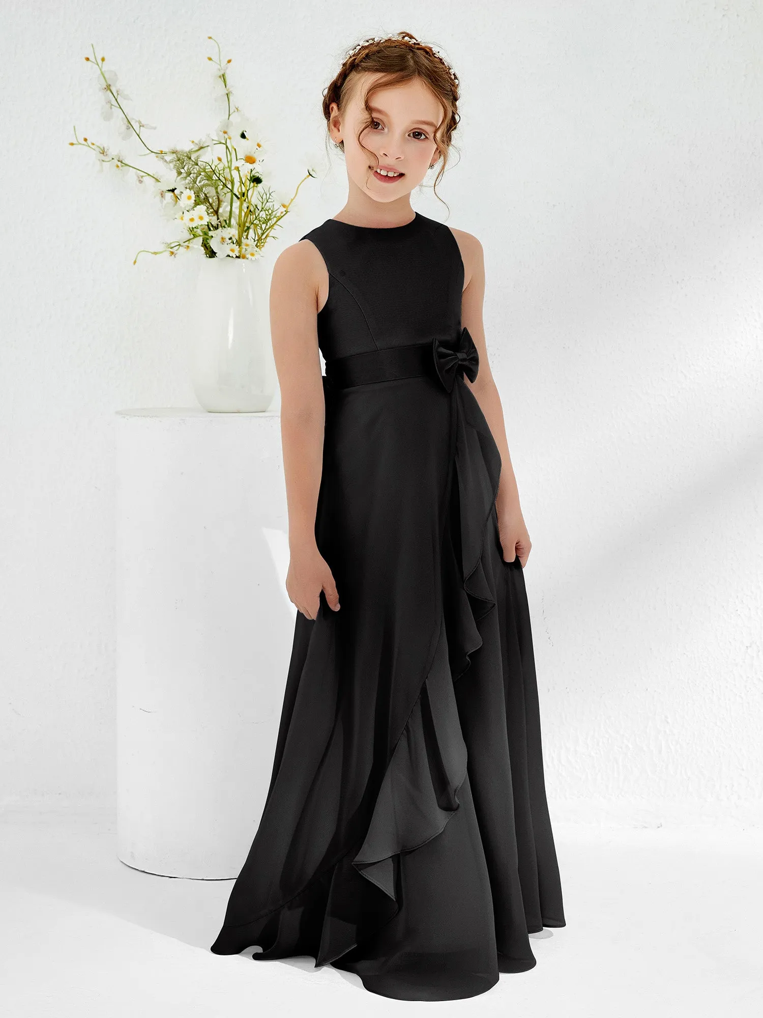 Bateau Neckline Ruffle Junior Bridesmaid Gowns Black