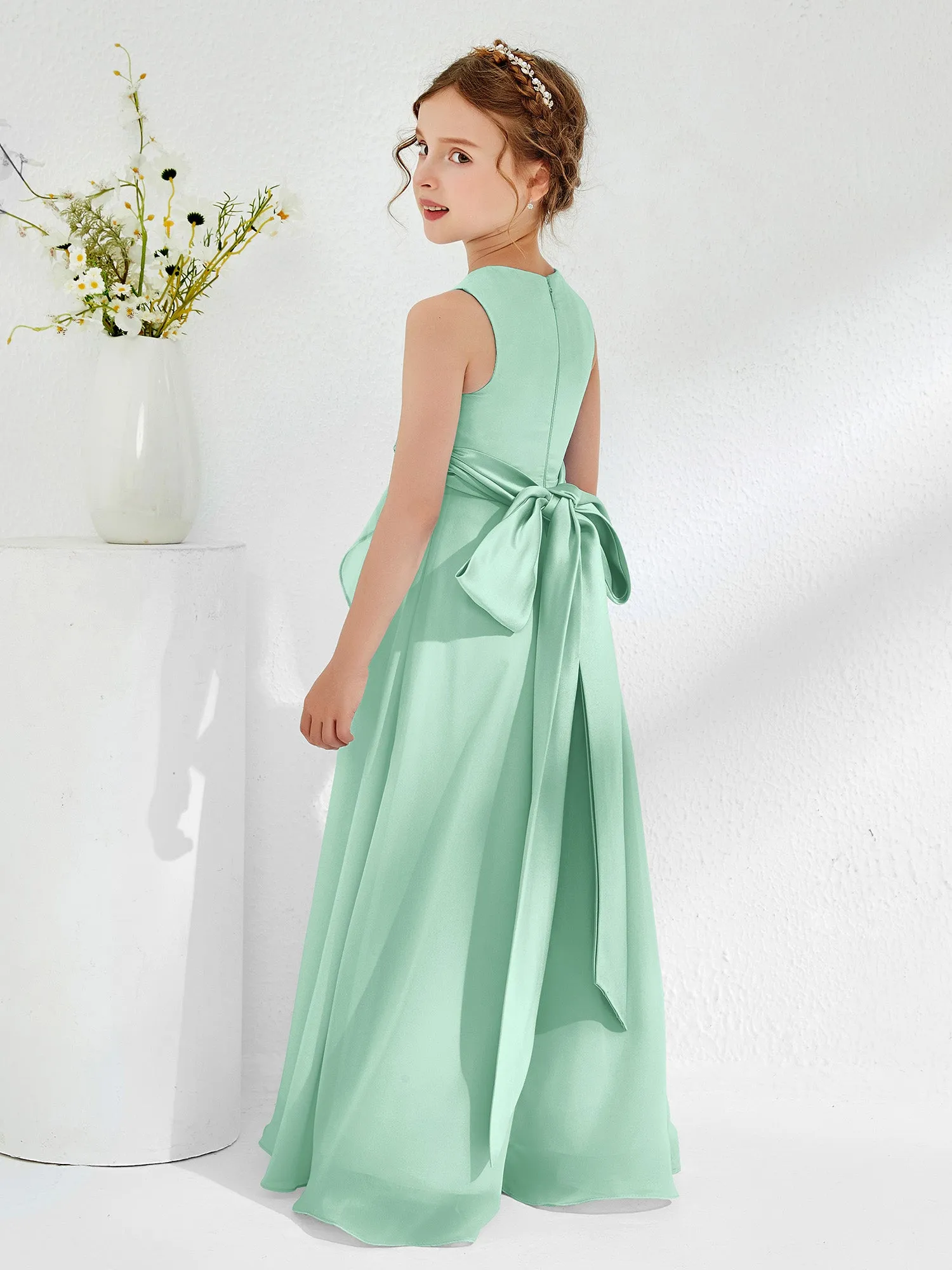 Bateau Neckline Ruffle Junior Bridesmaid Gowns Mint Green