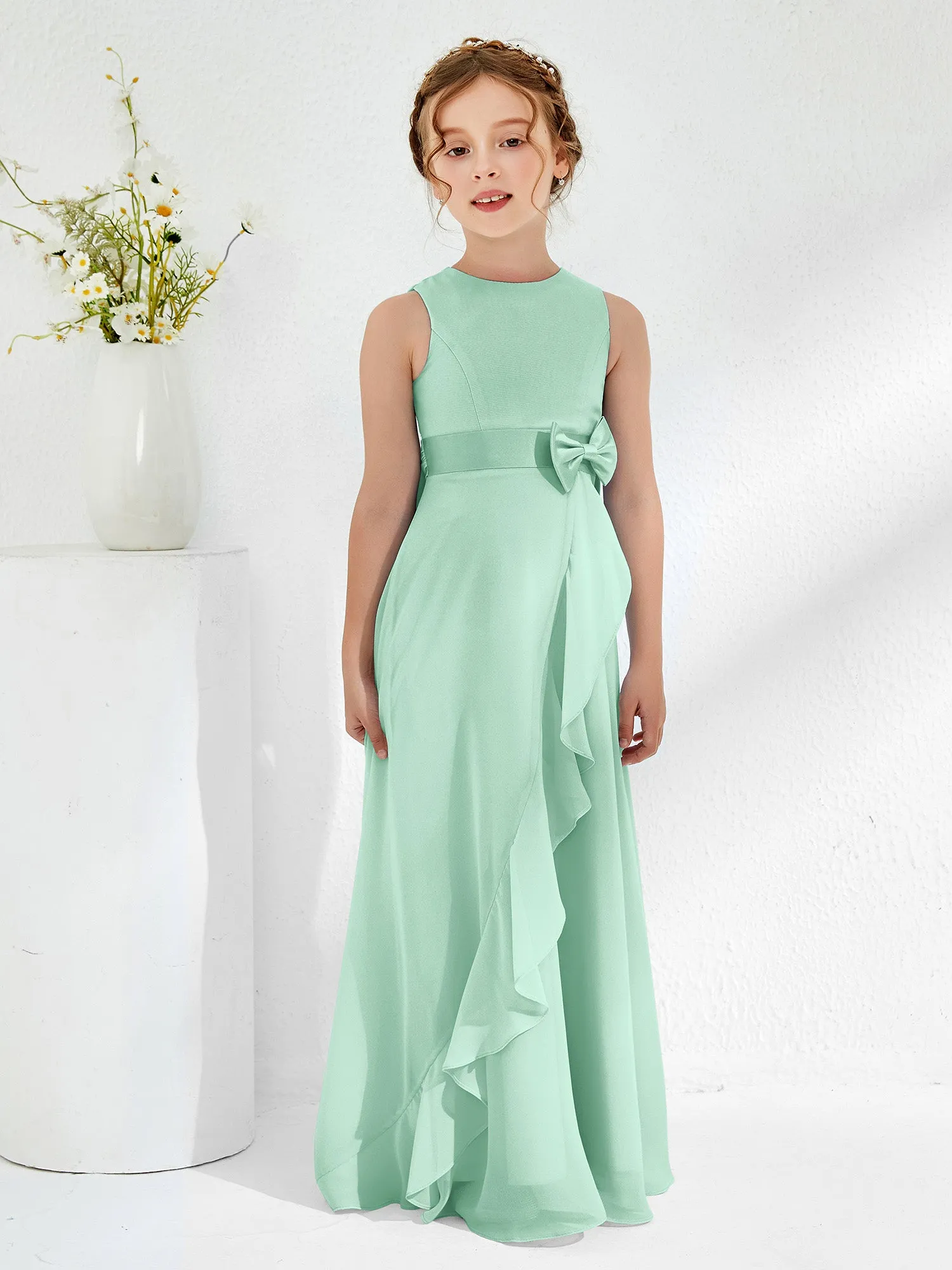 Bateau Neckline Ruffle Junior Bridesmaid Gowns Mint Green