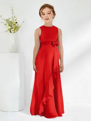 Bateau Neckline Ruffle Junior Bridesmaid Gowns Red