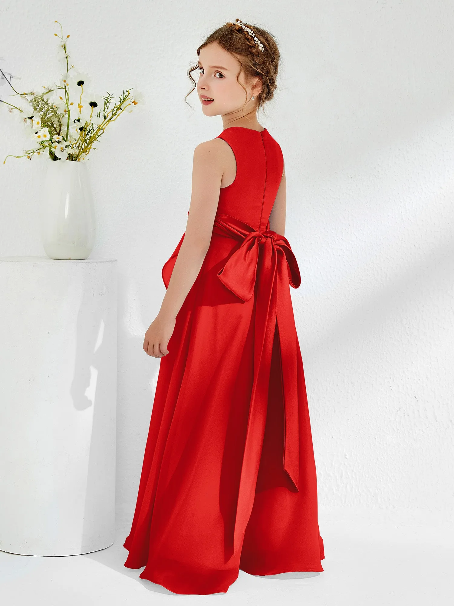 Bateau Neckline Ruffle Junior Bridesmaid Gowns Red