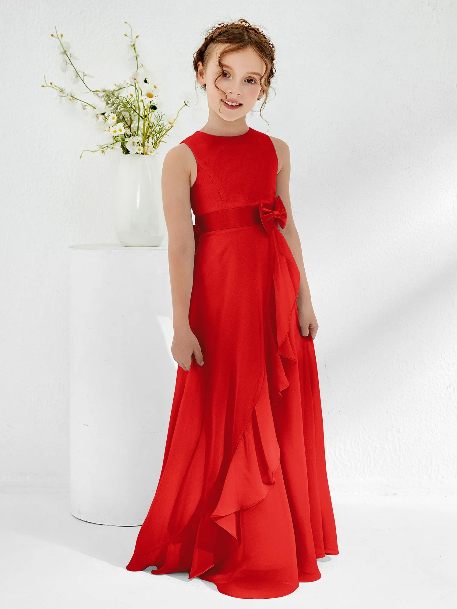 Bateau Neckline Ruffle Junior Bridesmaid Gowns Red