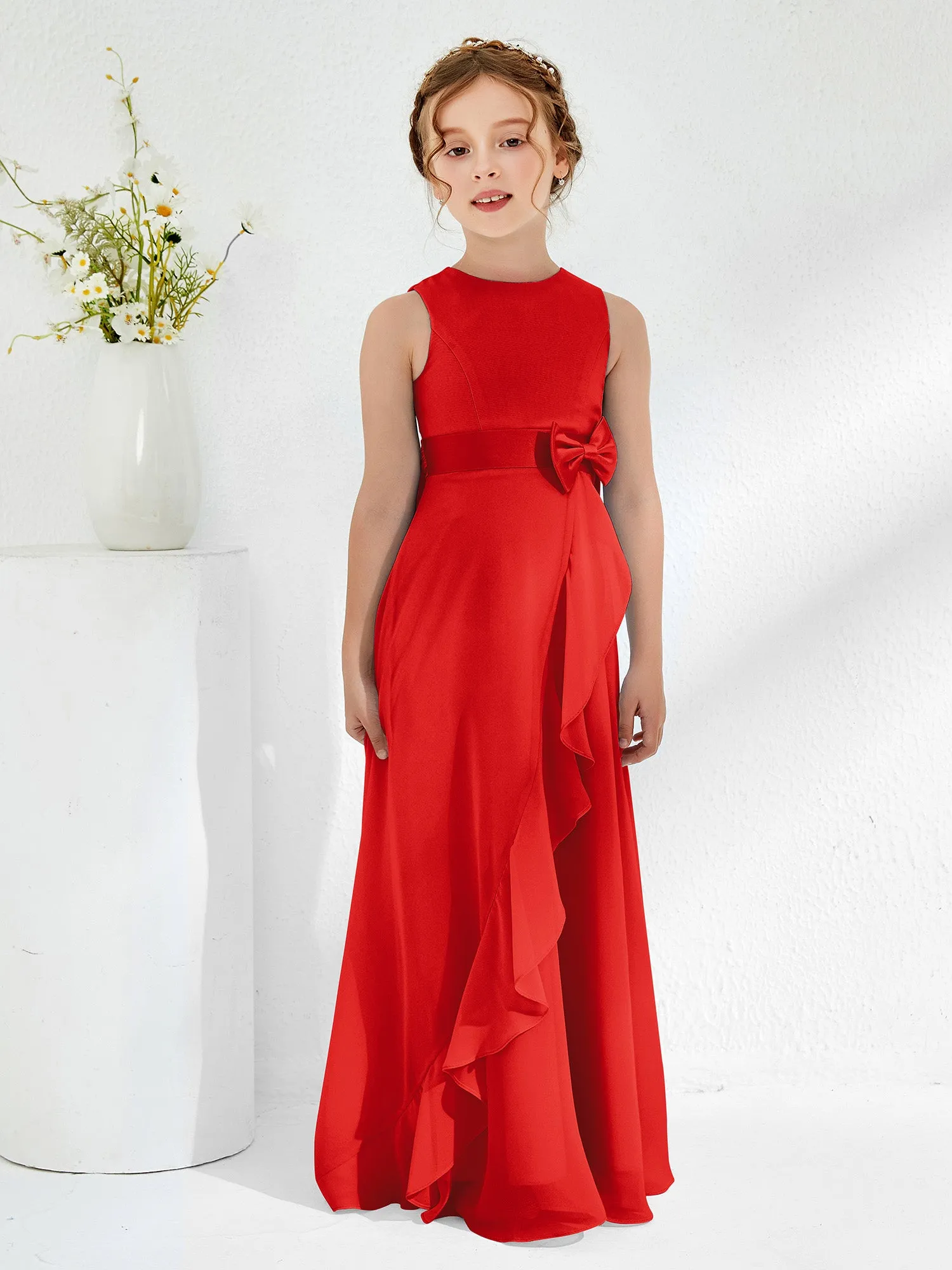 Bateau Neckline Ruffle Junior Bridesmaid Gowns Red