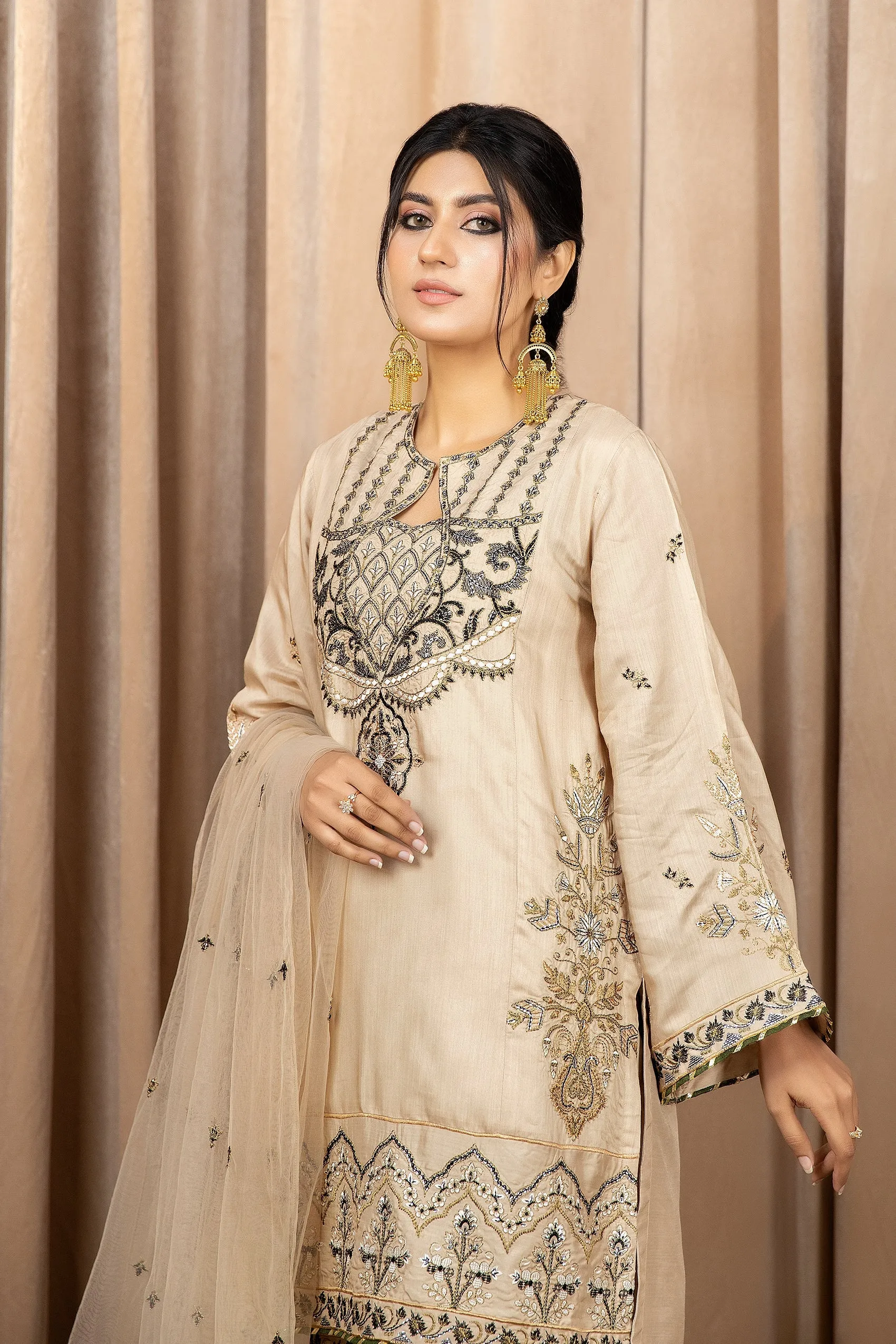 Beige Embroidered Pakistani Salwar Kameez in Sharara Style Party Dress
