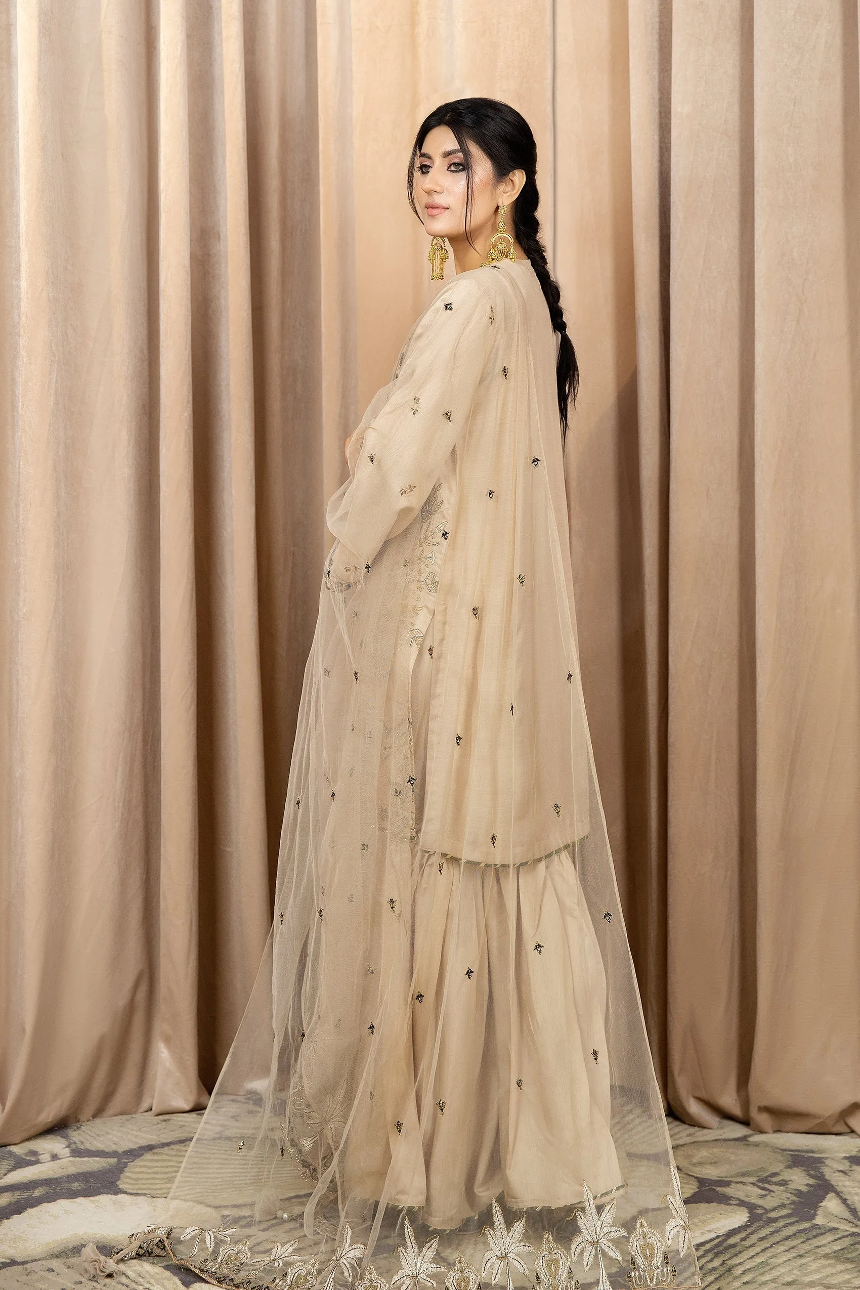 Beige Embroidered Pakistani Salwar Kameez in Sharara Style Party Dress