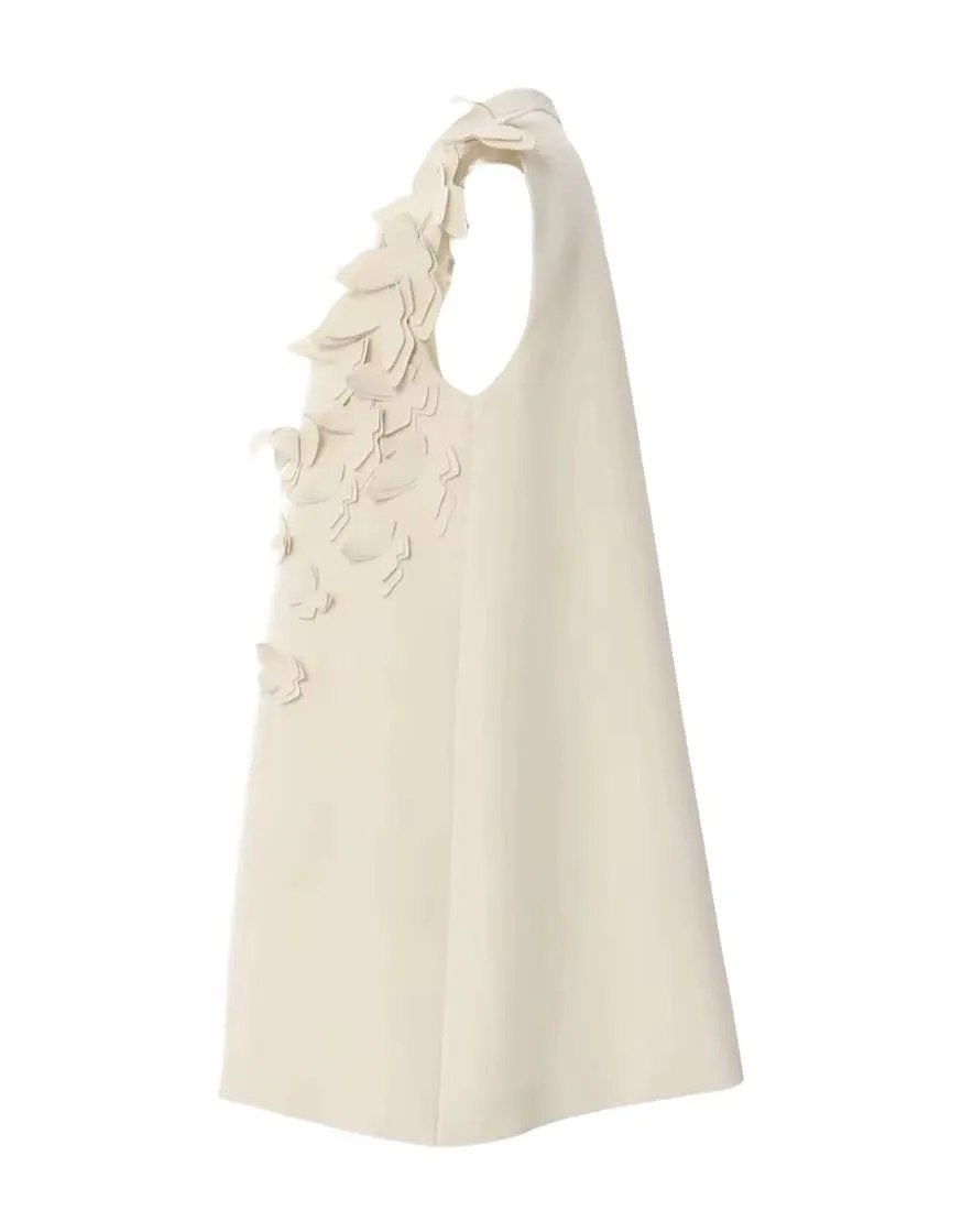 Beige Flower Embellished Short Sleeveless Dress