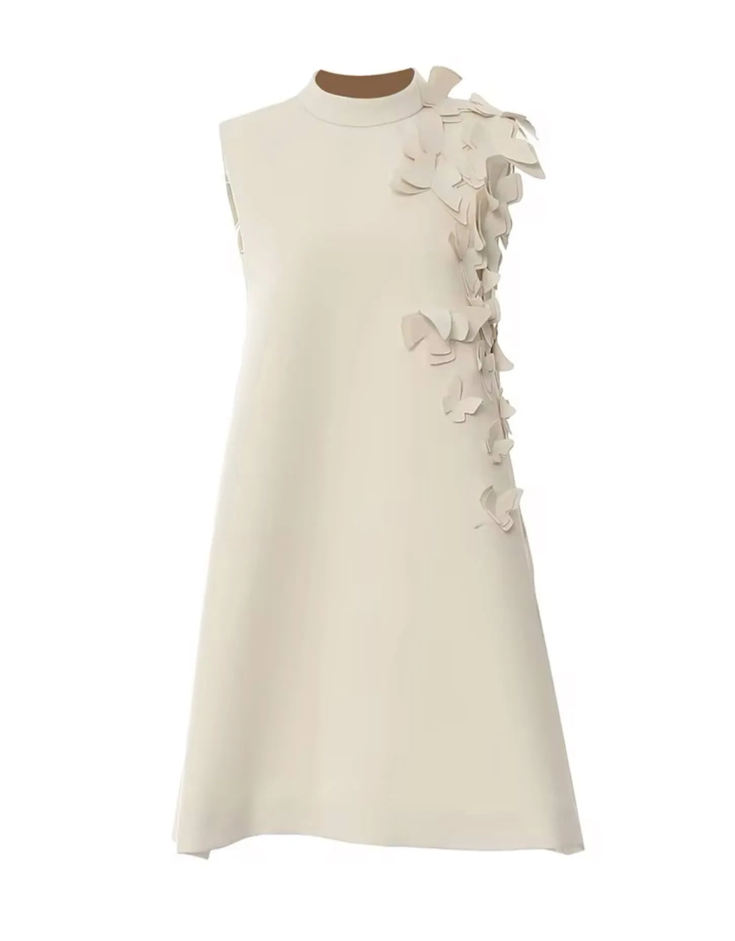 Beige Flower Embellished Short Sleeveless Dress