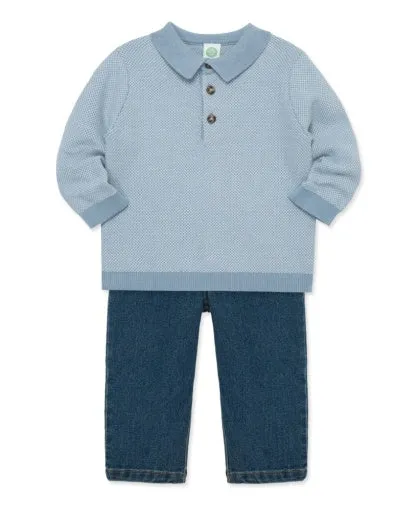 Birds Eye Blue Knit LS Polo w/Jeans Set-Toddler