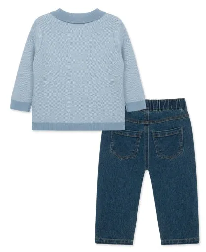 Birds Eye Blue Knit LS Polo w/Jeans Set-Toddler