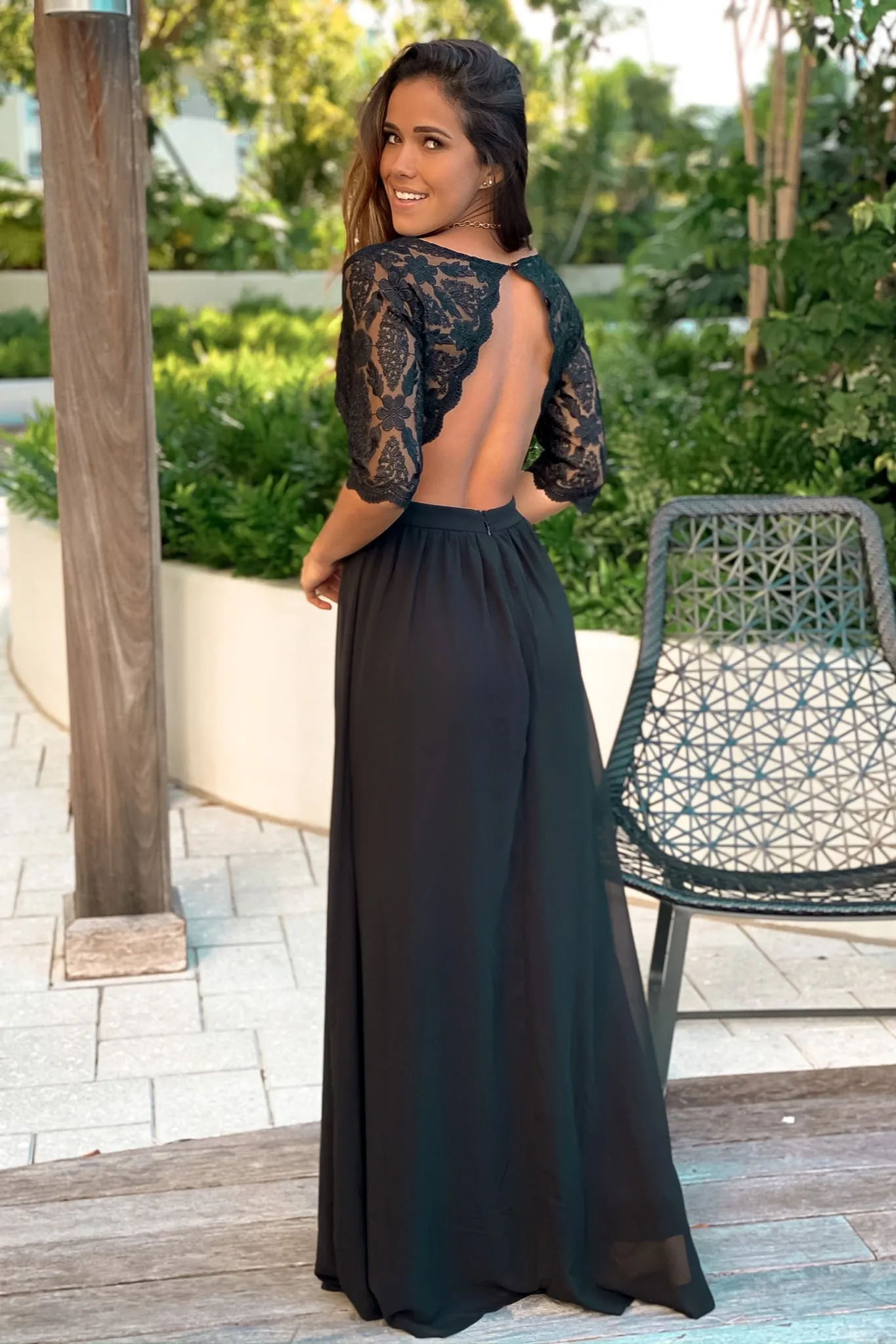Black Embroidered Top Maxi Dress with Open Back