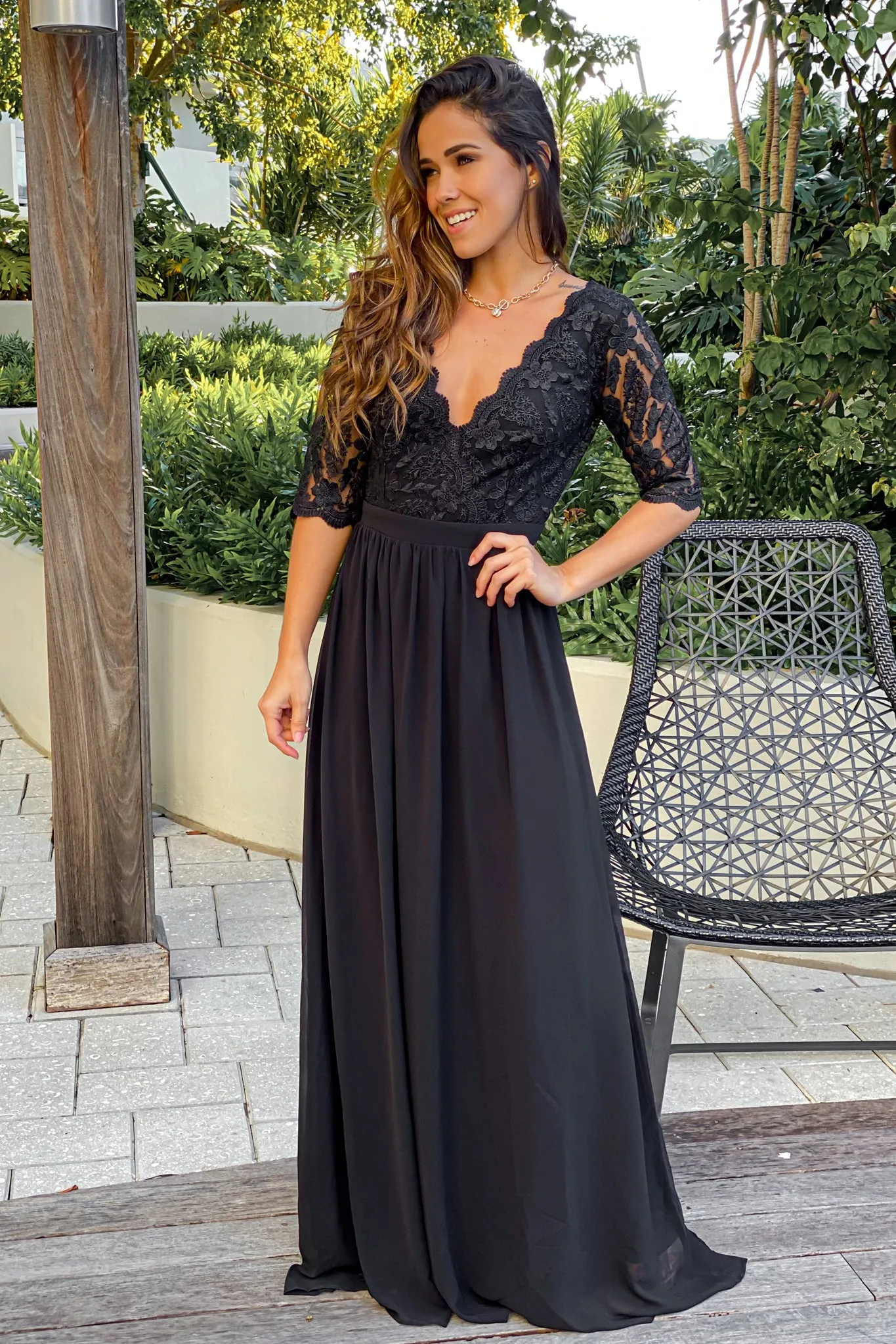 Black Embroidered Top Maxi Dress with Open Back