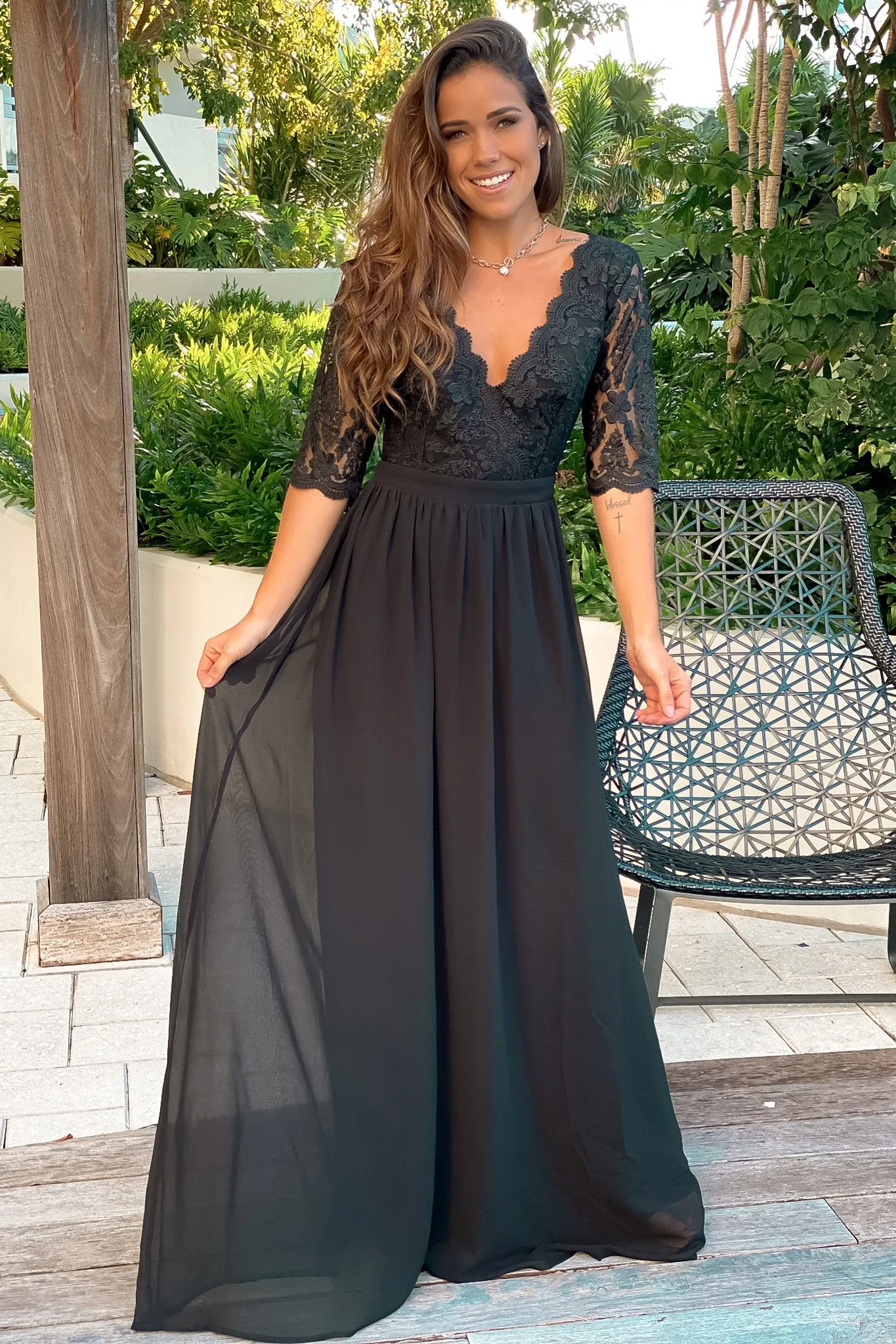 Black Embroidered Top Maxi Dress with Open Back