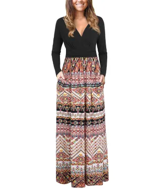 Black Floral Ladies Summer Casual V Neck Short Long Sleeve Floral Pattern Wrap Ladies Maxi Long Dress with Pockets - OUGES