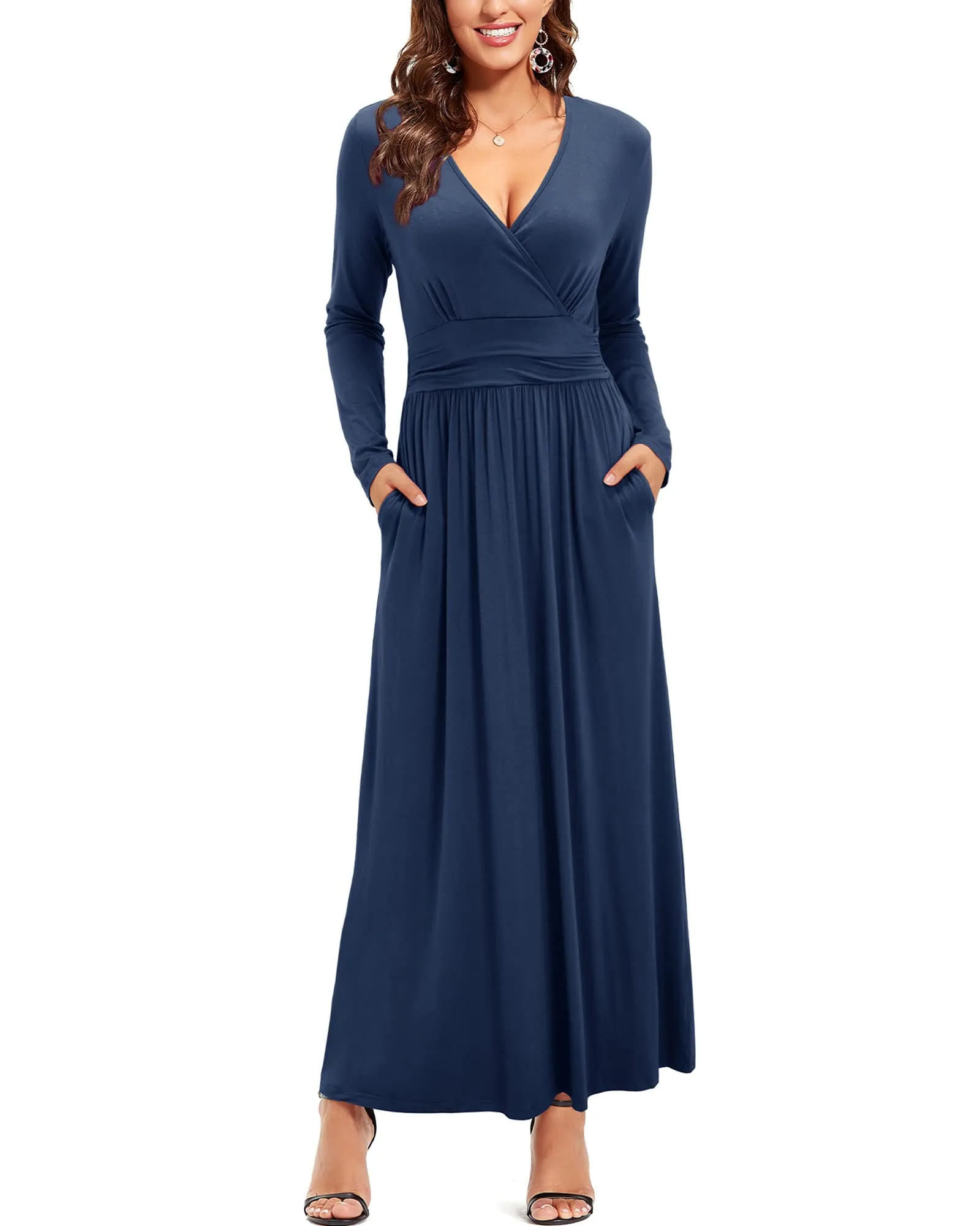 Black Floral Ladies Summer Casual V Neck Short Long Sleeve Floral Pattern Wrap Ladies Maxi Long Dress with Pockets - OUGES