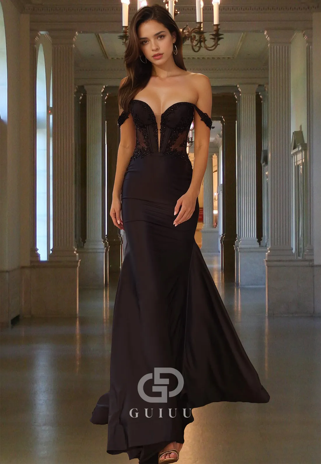Black Mermaid Off-Shoulder Cap Sleeves Illusion Corset Tulle Prom Party Dress