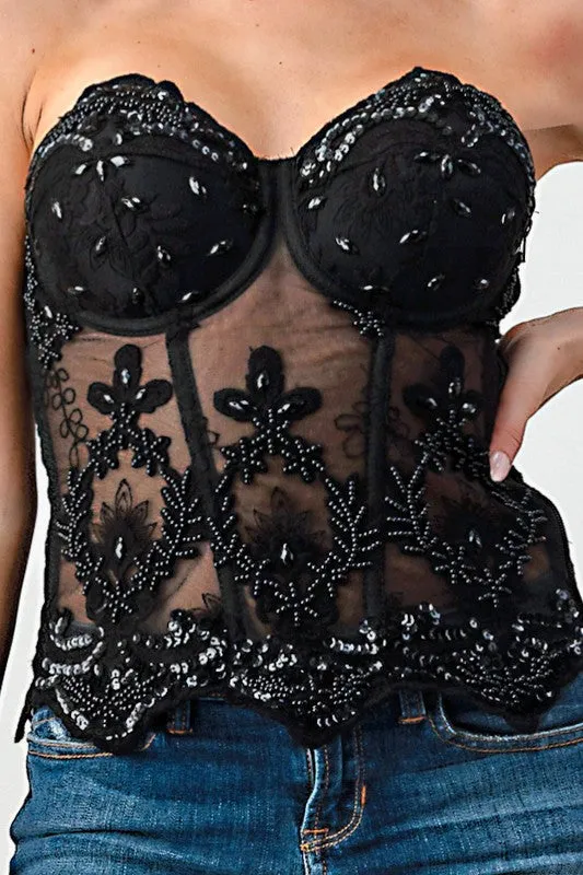 Black Sequins Mesh Corset