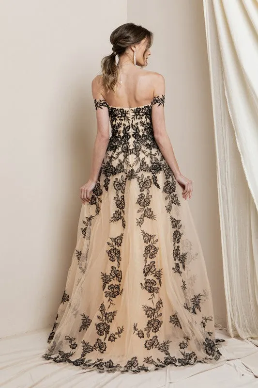 Black/Nude Off The Shoulder Lace Embroidered Maxi