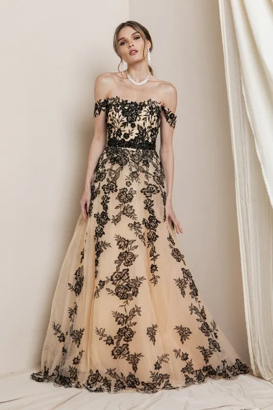 Black/Nude Off The Shoulder Lace Embroidered Maxi