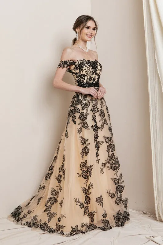 Black/Nude Off The Shoulder Lace Embroidered Maxi