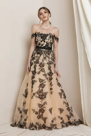 Black/Nude Off The Shoulder Lace Embroidered Maxi