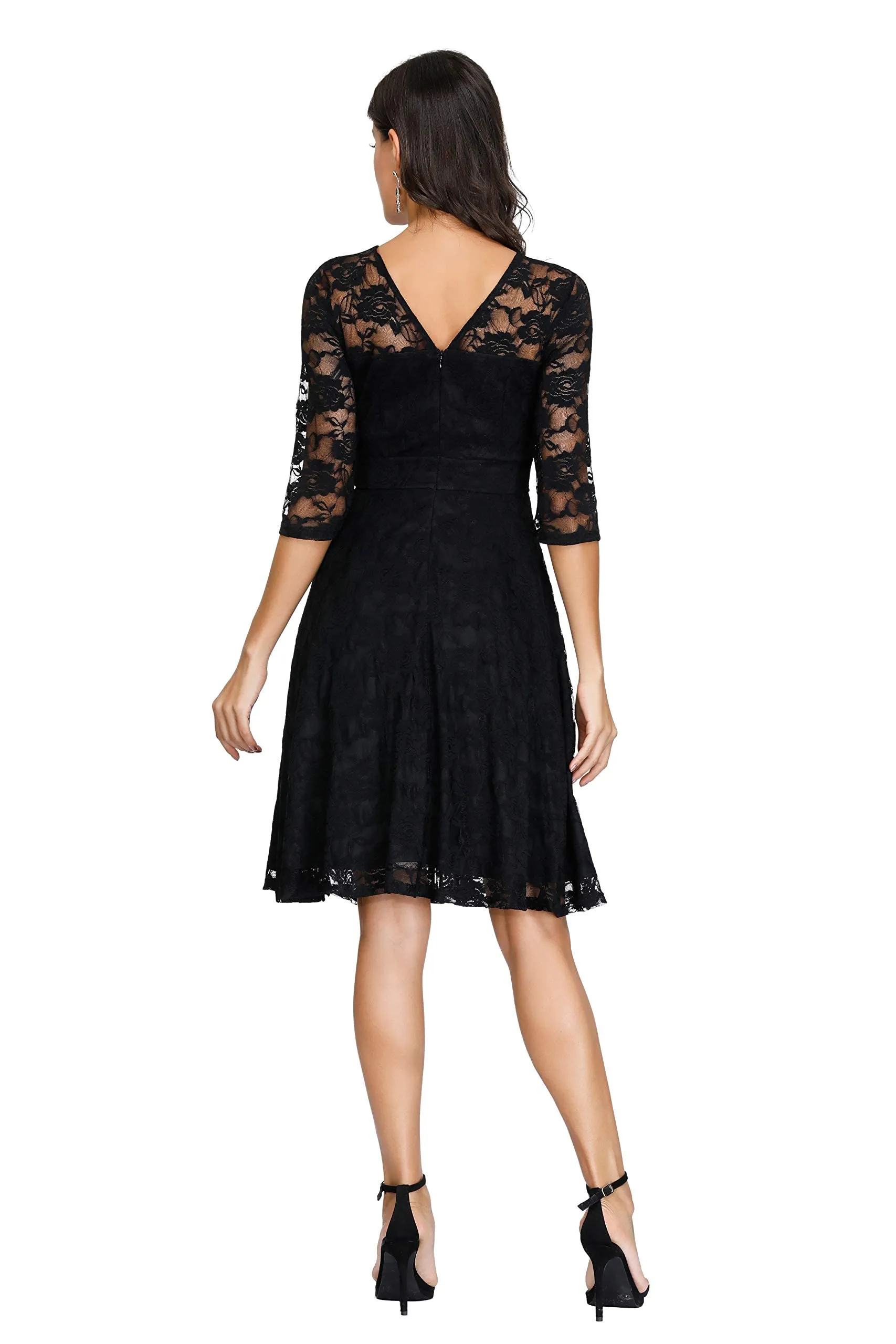 Blue Green Ladies Vintage Floral Cocktail Party Wedding Guest A Line Lace Dresses - JASAMBAC