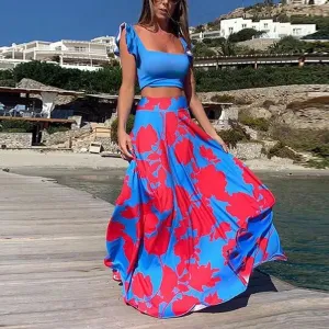 Bohemian Flower Sleeveless Loose A-line Ruffled Square Collar Crop Top   Maxi Skirt 2-Piece Set