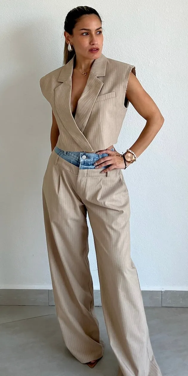 Bossy Lady Beige & Denim Blazer Two-Piece Set