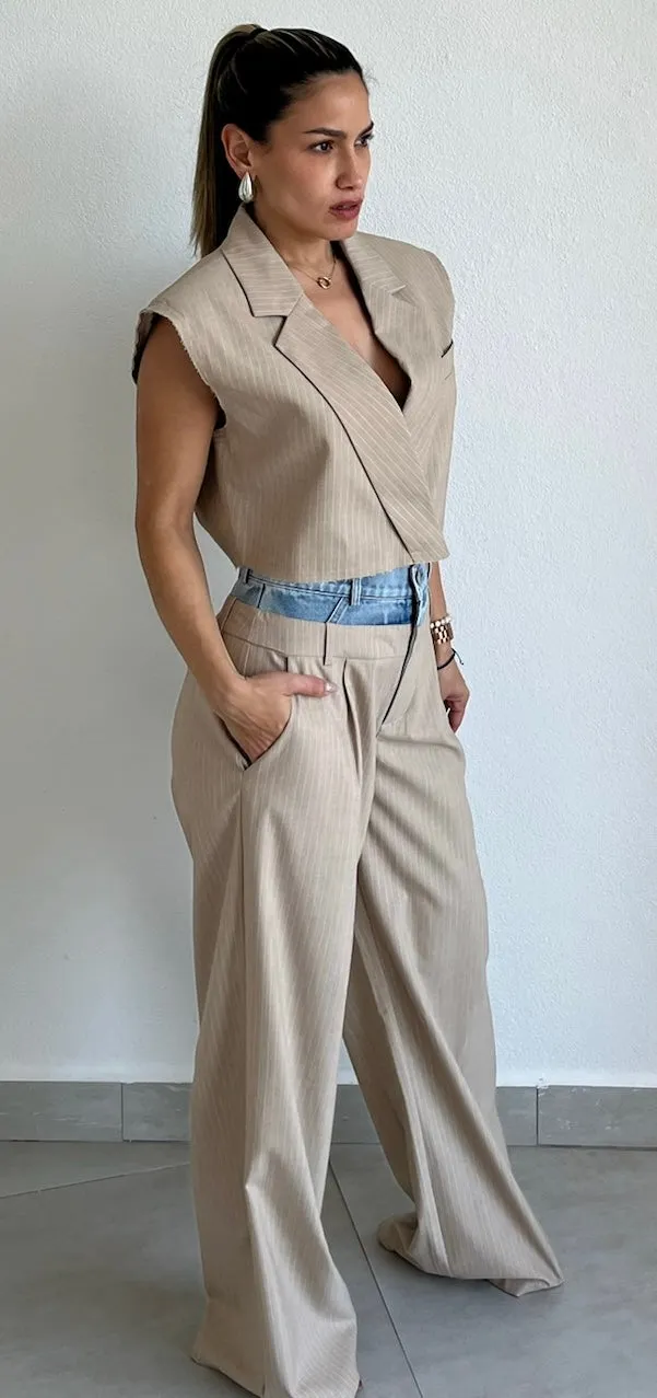 Bossy Lady Beige & Denim Blazer Two-Piece Set