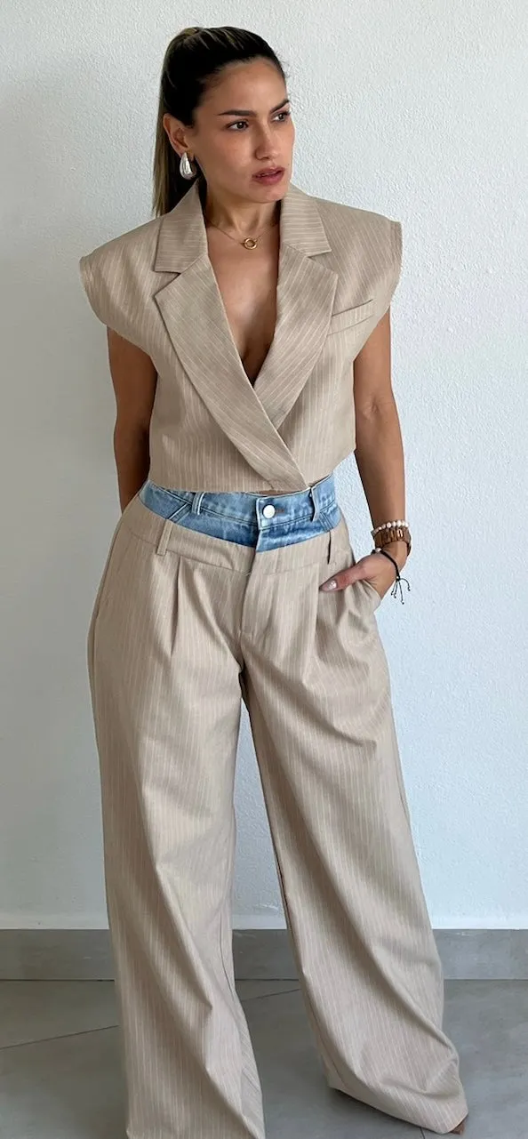 Bossy Lady Beige & Denim Blazer Two-Piece Set