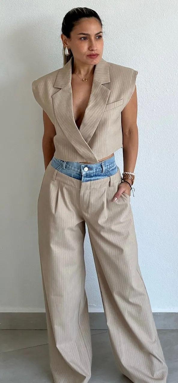 Bossy Lady Beige & Denim Blazer Two-Piece Set